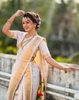 White Wedding Special Nauvari Paithani Soft Silk Saree with Zari Woven Polka Motifs and Peacock Pallu