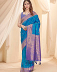 Blue Soft Silk Floral Border Contrast Zari Woven Saree