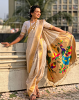 White Wedding Special Nauvari Paithani Soft Silk Saree with Zari Woven Polka Motifs and Peacock Pallu