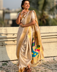 White Wedding Special Nauvari Paithani Soft Silk Saree with Zari Woven Polka Motifs and Peacock Pallu