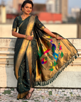 Bottle Green Wedding Special Nauvari Paithani Soft Silk Saree with Zari Woven Polka Motifs and Peacock Pallu