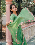 Pista Green Pure Crush Embroidered Saree with Multicolor Floral Motifs and Cutwork Border