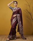 Soft Silk Printed Floral Saree with Rainbow Zari Woven Pallu and Contrast Blouse Festive Party Wear Saree