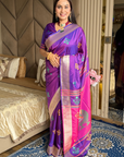 Violet Soft Silk Ikkat Patola Saree with Meenakari Motifs Peacock Pallu and Gold Zari Border