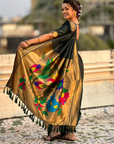 Bottle Green Wedding Special Nauvari Paithani Soft Silk Saree with Zari Woven Polka Motifs and Peacock Pallu
