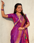 Special Nauvari Paithani Soft Silk Saree witPurple Weddingh Zari Woven Polka Motifs and Peacock Pallu