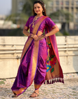 Special Nauvari Paithani Soft Silk Saree witPurple Weddingh Zari Woven Polka Motifs and Peacock Pallu