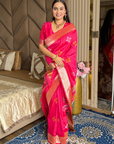 Pink Soft Silk Ikkat Patola Saree with Meenakari Motifs Peacock Pallu and Gold Zari Border