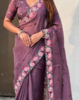 Wine Pure Crush Embroidered Saree with Multicolor Floral Motifs and Cutwork Border