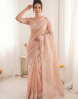 Peach Pure Raspberry Crush Silk Saree with Lucknowi Embroidery