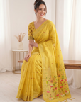 Yellow Premium Soft Muga Cotton Saree with Paithani Swan Meenakari Pallu