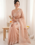 Peach Pure Raspberry Crush Silk Saree with Lucknowi Embroidery