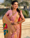 Baby Pink Wedding Special Nauvari Paithani Soft Silk Saree with Zari Woven Polka Motifs and Peacock Pallu