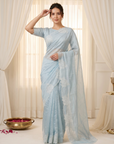 Sky Pure Raspberry Crush Silk Saree with Lucknowi Embroidery