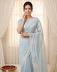 Sky Pure Raspberry Crush Silk Saree with Lucknowi Embroidery
