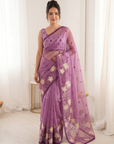 Pink Pure Oris Silk Saree with Embroidered Lotus Buttis & Applique Border