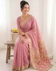 Pink Premium Soft Muga Cotton Saree with Paithani Swan Meenakari Pallu