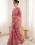 Coral Pure Oris Silk Saree with Embroidered Lotus Buttis & Applique Border