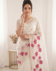 White Pure Oris Silk Saree with Embroidered Lotus Buttis & Applique Border