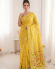 Yellow Premium Soft Muga Cotton Saree with Paithani Swan Meenakari Pallu