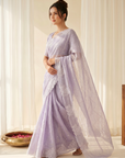 Lavender Pure Raspberry Crush Silk Saree with Lucknowi Embroidery