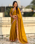 Mustard Pure Crush Embroidered Saree with Multicolor Floral Motifs and Cutwork Border