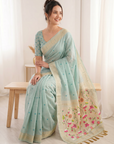 Sky Premium Soft Muga Cotton Saree with Paithani Swan Meenakari Pallu