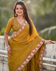 Mustard Pure Crush Embroidered Saree with Multicolor Floral Motifs and Cutwork Border