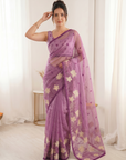 Pink Pure Oris Silk Saree with Embroidered Lotus Buttis & Applique Border