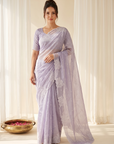 Lavender Pure Raspberry Crush Silk Saree with Lucknowi Embroidery