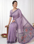 Lavender Muga Cotton Saree For Women Madhubani Print Resham Weaving Soft Cotton Saree Traditional Handloom Saree With Blouse