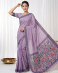 Lavender Muga Cotton Saree For Women Madhubani Print Resham Weaving Soft Cotton Saree Traditional Handloom Saree With Blouse