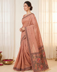 Peach Muga Cotton Saree For Women Madhubani Print Resham Weaving Soft Cotton Saree Traditional Handloom Saree With Blouse