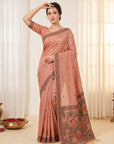 Peach Muga Cotton Saree For Women Madhubani Print Resham Weaving Soft Cotton Saree Traditional Handloom Saree With Blouse