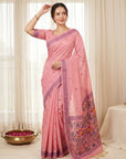 Pink Muga Cotton Saree For Women Madhubani Print Resham Weaving Soft Cotton Saree Traditional Handloom Saree With Blouse