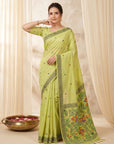 Pista Muga Cotton Saree For Women Madhubani Print Resham Weaving Soft Cotton Saree Traditional Handloom Saree With Blouse