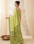 Pista Muga Cotton Saree For Women Madhubani Print Resham Weaving Soft Cotton Saree Traditional Handloom Saree With Blouse