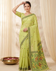 Pista Muga Cotton Saree For Women Madhubani Print Resham Weaving Soft Cotton Saree Traditional Handloom Saree With Blouse