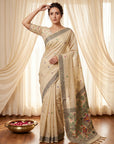 White Muga Cotton Saree For Women Madhubani Print Resham Weaving Soft Cotton Saree Traditional Handloom Saree With Blouse