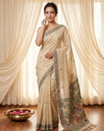 White Muga Cotton Saree For Women Madhubani Print Resham Weaving Soft Cotton Saree Traditional Handloom Saree With Blouse