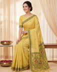 Yellow Muga Cotton Saree For Women Madhubani Print Resham Weaving Soft Cotton Saree Traditional Handloom Saree With Blouse