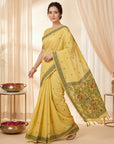 Yellow Muga Cotton Saree For Women Madhubani Print Resham Weaving Soft Cotton Saree Traditional Handloom Saree With Blouse