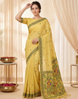 Yellow Muga Cotton Saree For Women Madhubani Print Resham Weaving Soft Cotton Saree Traditional Handloom Saree With Blouse