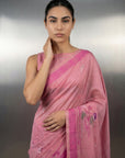 Pink Premium Muga Cotton Saree with Resham Weaving Buttis and Pencil Art Pallu