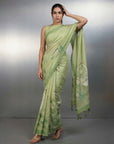 Pista Premium Muga Cotton Saree with Resham Weaving Buttis and Pencil Art Pallu