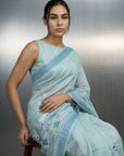 Sky Premium Muga Cotton Saree with Resham Weaving Buttis and Pencil Art Pallu