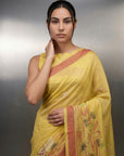 Yellow Premium Muga Cotton Saree with Resham Weaving Buttis and Pencil Art Pallu