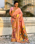 Baby Pink Bamboo Tissue Silk Paithani Saree with Meenakari Motifs, Half Half Design and Muniya Border