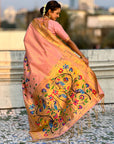 Baby Pink Bamboo Tissue Silk Paithani Saree with Meenakari Motifs, Half Half Design and Muniya Border