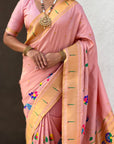 Baby Pink Bamboo Tissue Silk Paithani Saree with Meenakari Motifs, Half Half Design and Muniya Border